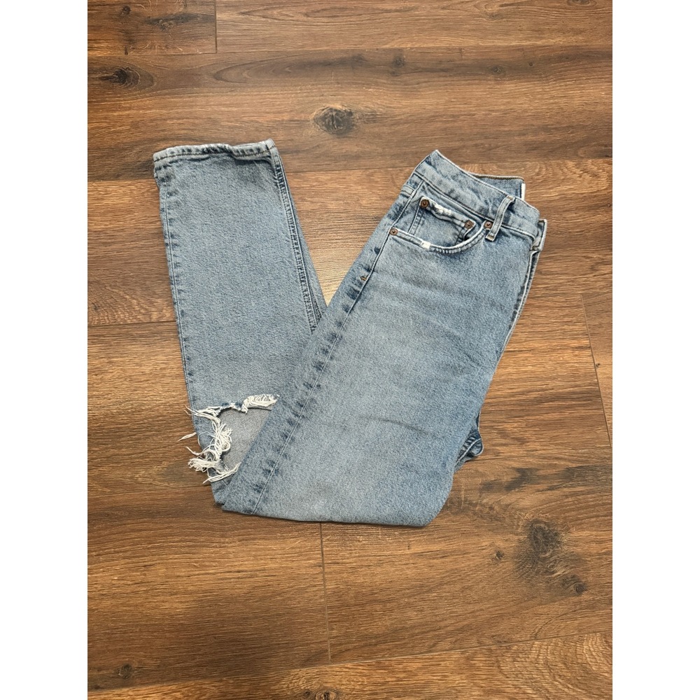 AGOLDE 90s Pinch Waist High Rise Straight Leg Distressed Jeans Light Wash 26